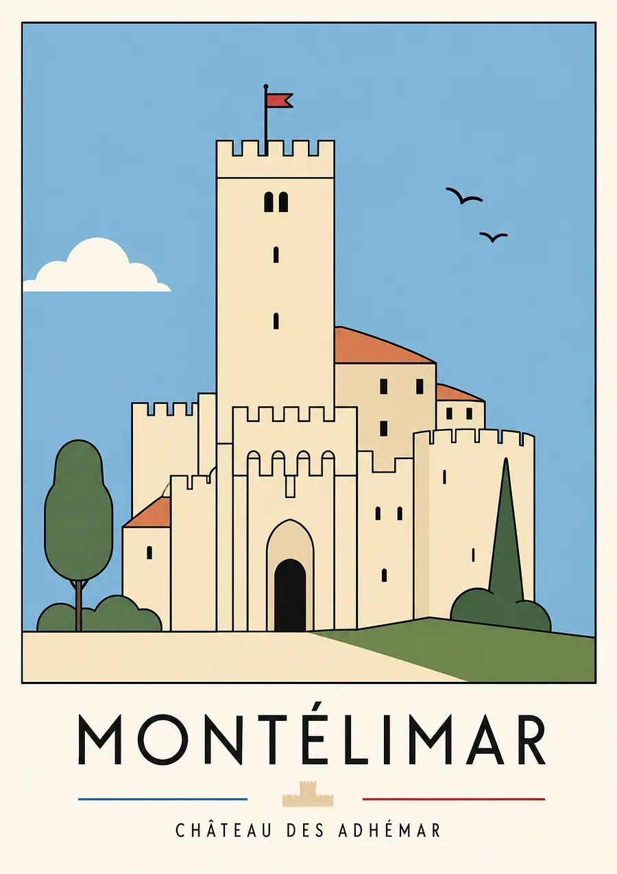 Create a minimalist city poster in the style of Frindji, showing the Château des Adhémar in Monté...
