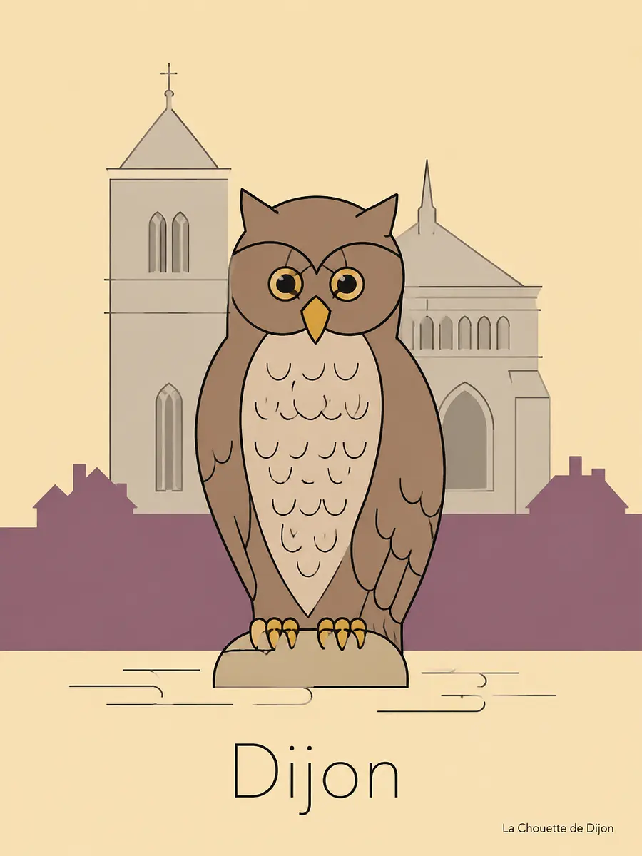 Create a minimalist city poster in the style of Frindji, showing the Chouette de Dijon, symbolic ...