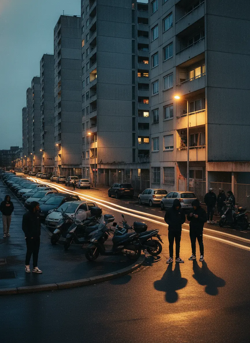 A cinematic ultra realistic wide shot of a French banlieue at dusk, concrete ...