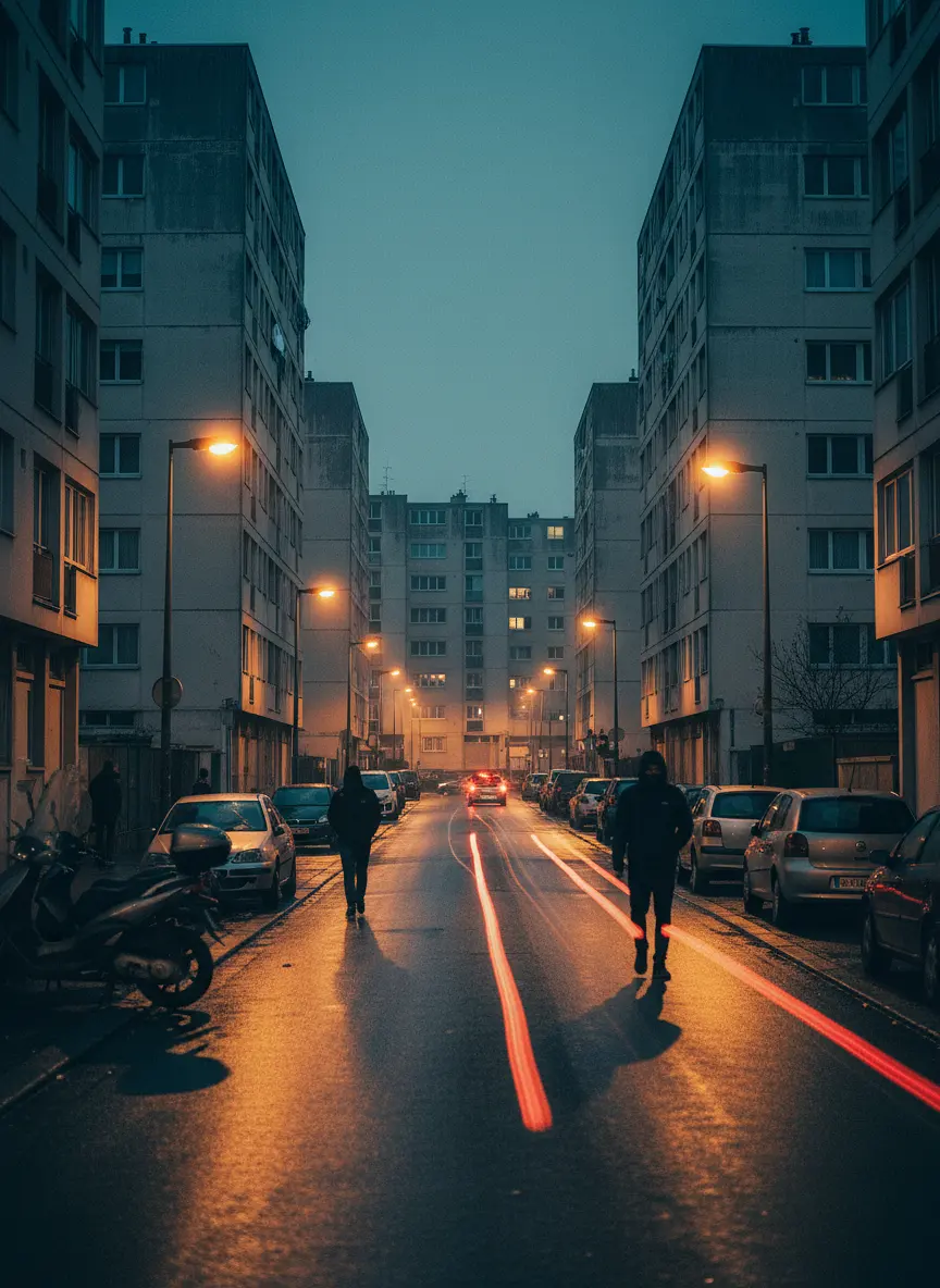 A cinematic ultra realistic wide shot of a French banlieue at dusk, concrete ...