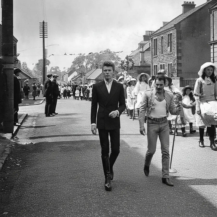 keep all in image but have David Bowie abd Freddie Mercury walk on