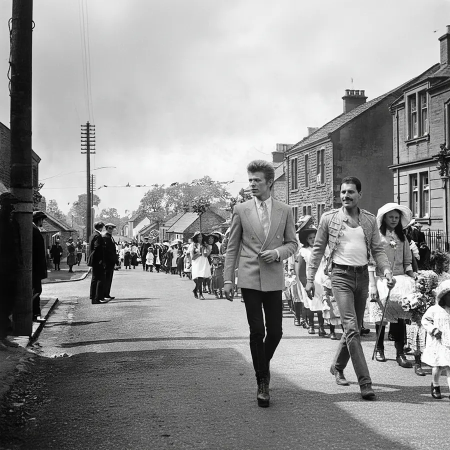keep all in image but have David Bowie abd Freddie Mercury walk on