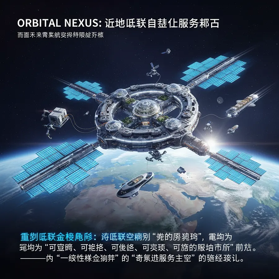 整个架构按照“提出痛点—重构定义—服务落地—工程推演—商业闭环”的逻辑展开，非常适合直接转化为展板的版块结构或答辩PPT的大纲。 # ORBITAL NEXUS：近地低轨自主化服务节点 **面向...