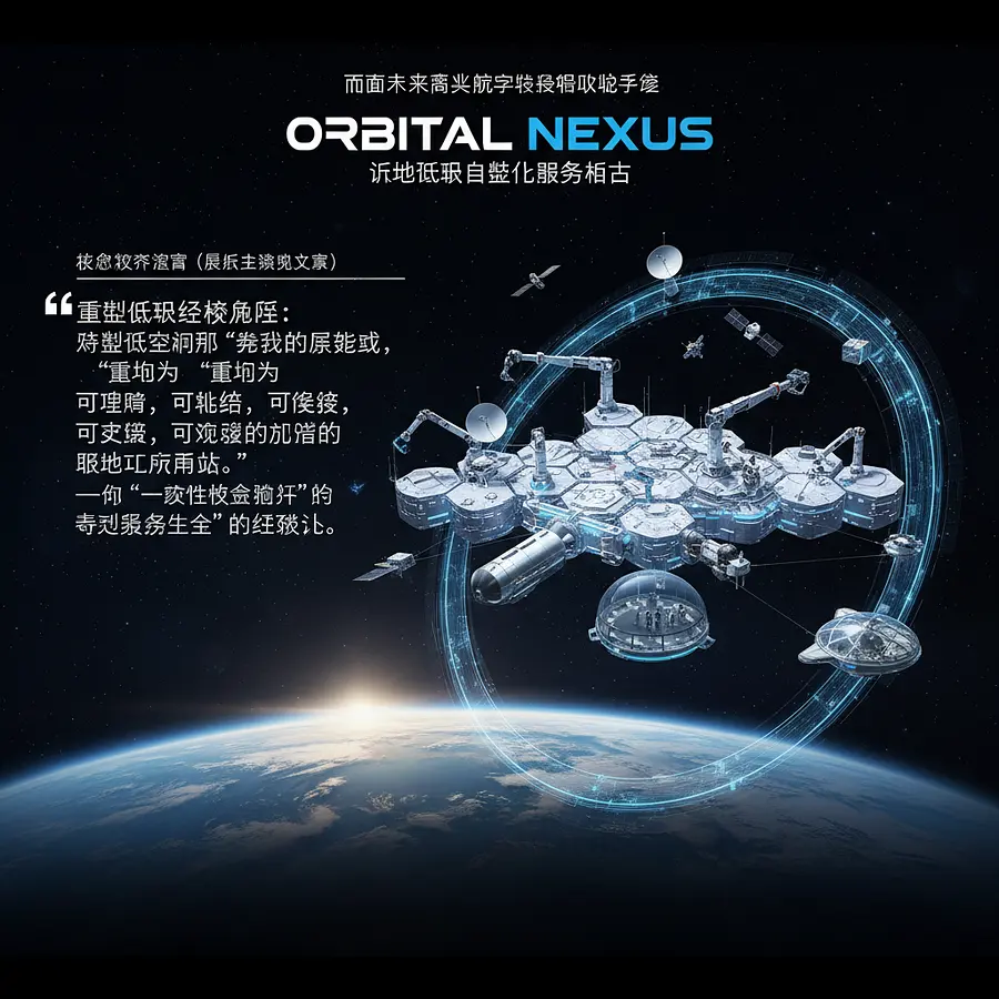 整个架构按照“提出痛点—重构定义—服务落地—工程推演—商业闭环”的逻辑展开，非常适合直接转化为展板的版块结构或答辩PPT的大纲。 # ORBITAL NEXUS：近地低轨自主化服务节点 **面向...