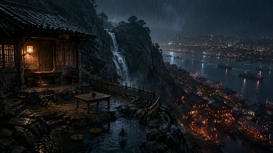 Night rain. A wide-angle view of a small mountain hermit's dwelling overlooki...