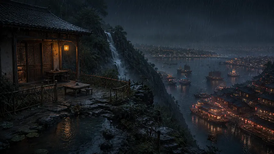Night rain. A wide-angle view of a small mountain hermit's dwelling overlooki...