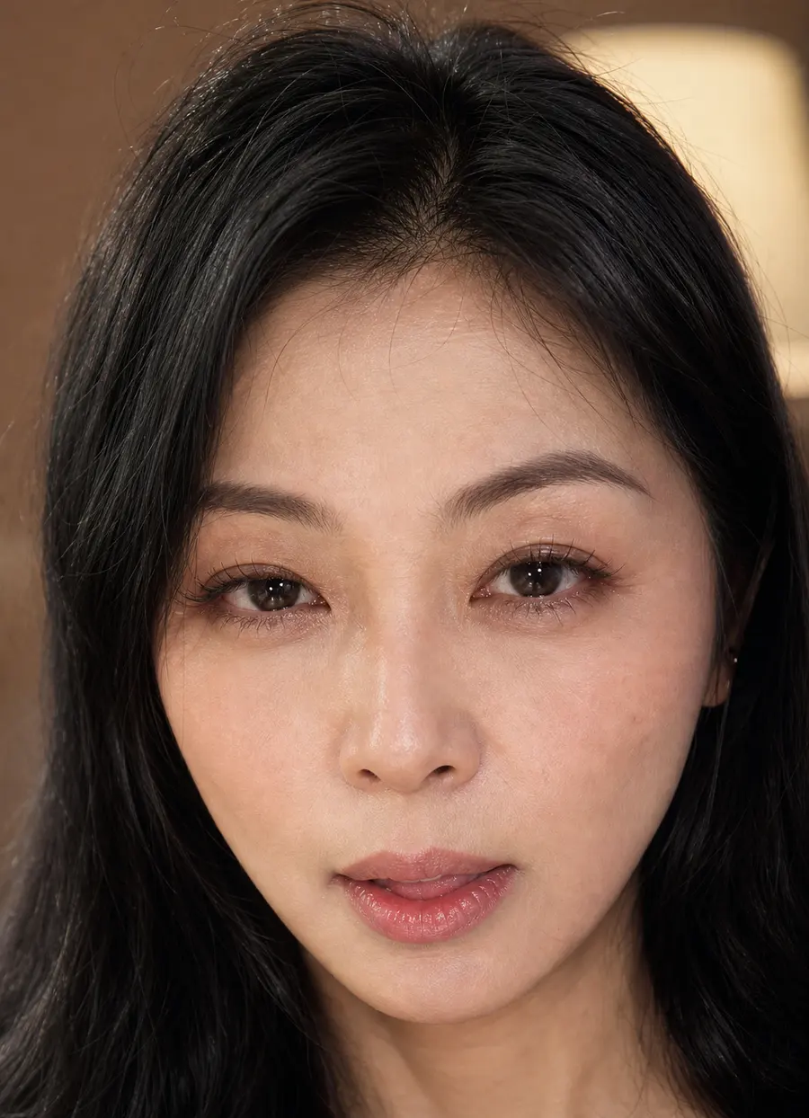 将她修改为45岁的样子，化妆掩饰皱纹和少许痘印，显得她格外魅人。她面向镜头，并注视着镜头，眼睛半闭，泪眼朦胧，脸上流露出渴望、顺从和空虚的表情，且脸颊泛红，嘴微张，吐出舌头，口水。8k，脸部特写...