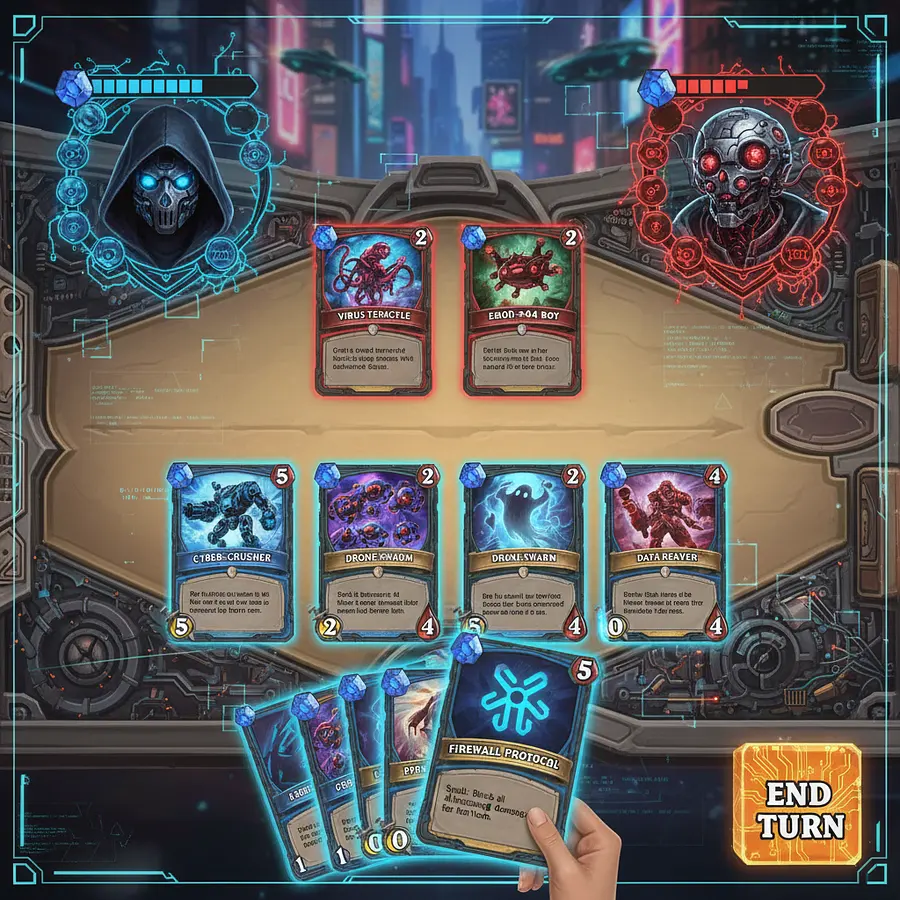 generate a card layout like hearthstone, but for a hacker/AI atmosphere