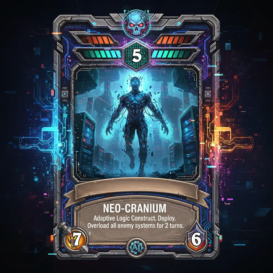 generate a card layout like hearthstone, but for a hacker/AI atmosphere
