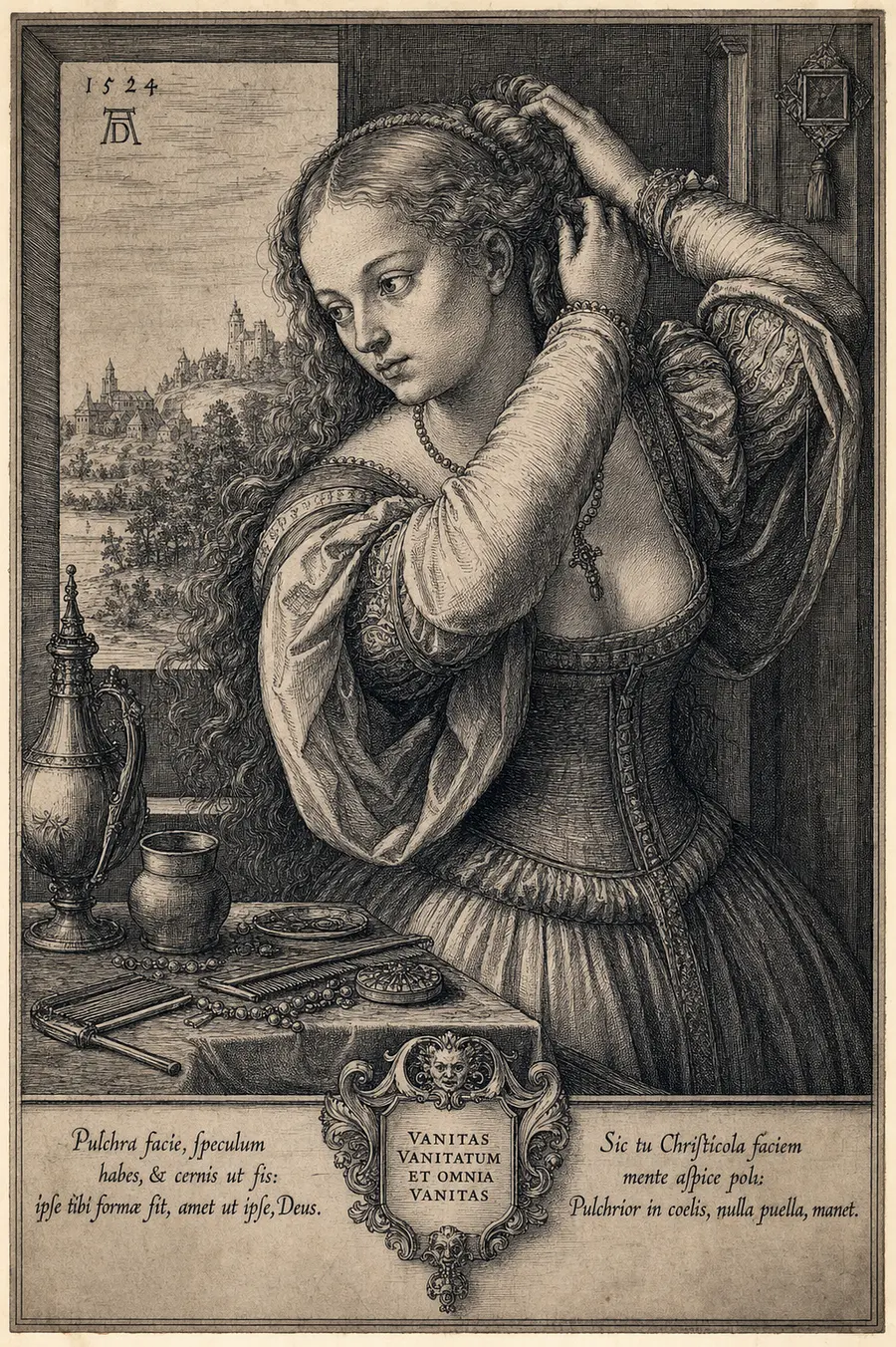 gravure femme se coiffant à la manière de Dürer