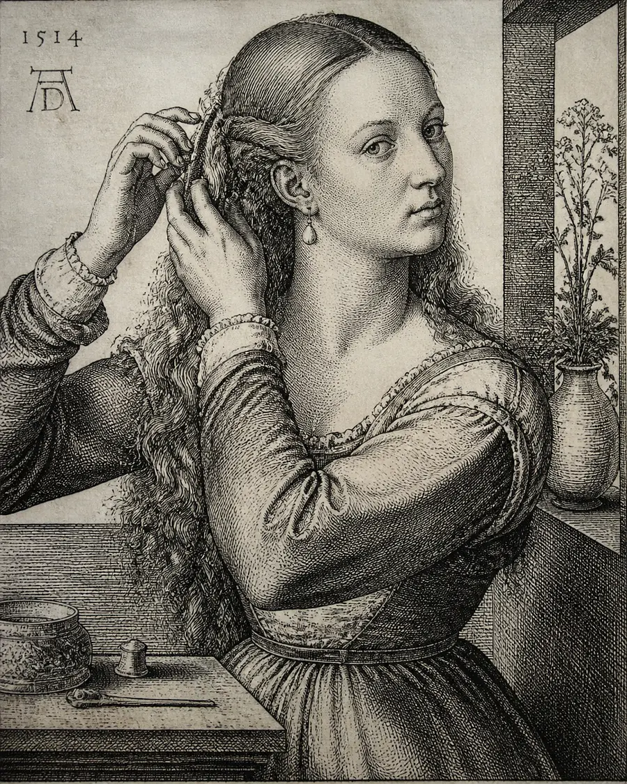 gravure femme se coiffant à la manière de Dürer