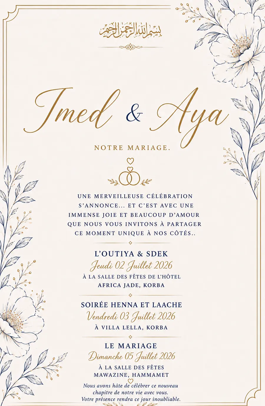 Remplace la phrase dans l’invitation : « nous sommes heureux .. » par cette phrase : « UNE MERVEI...