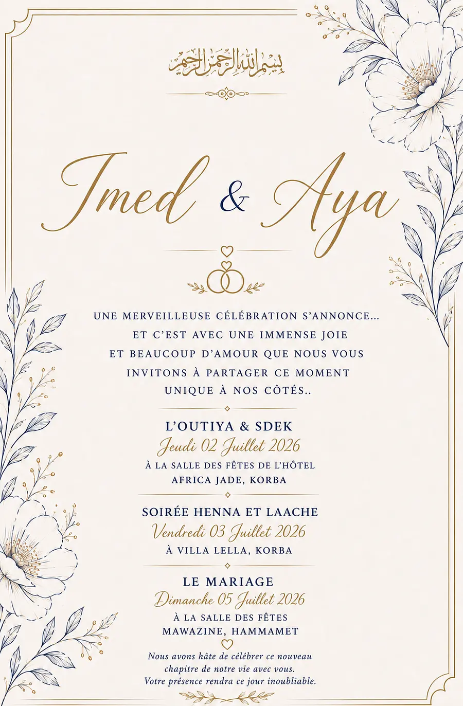 Remplace la phrase dans l’invitation : « nous sommes heureux .. » par cette phrase : « UNE MERVEI...
