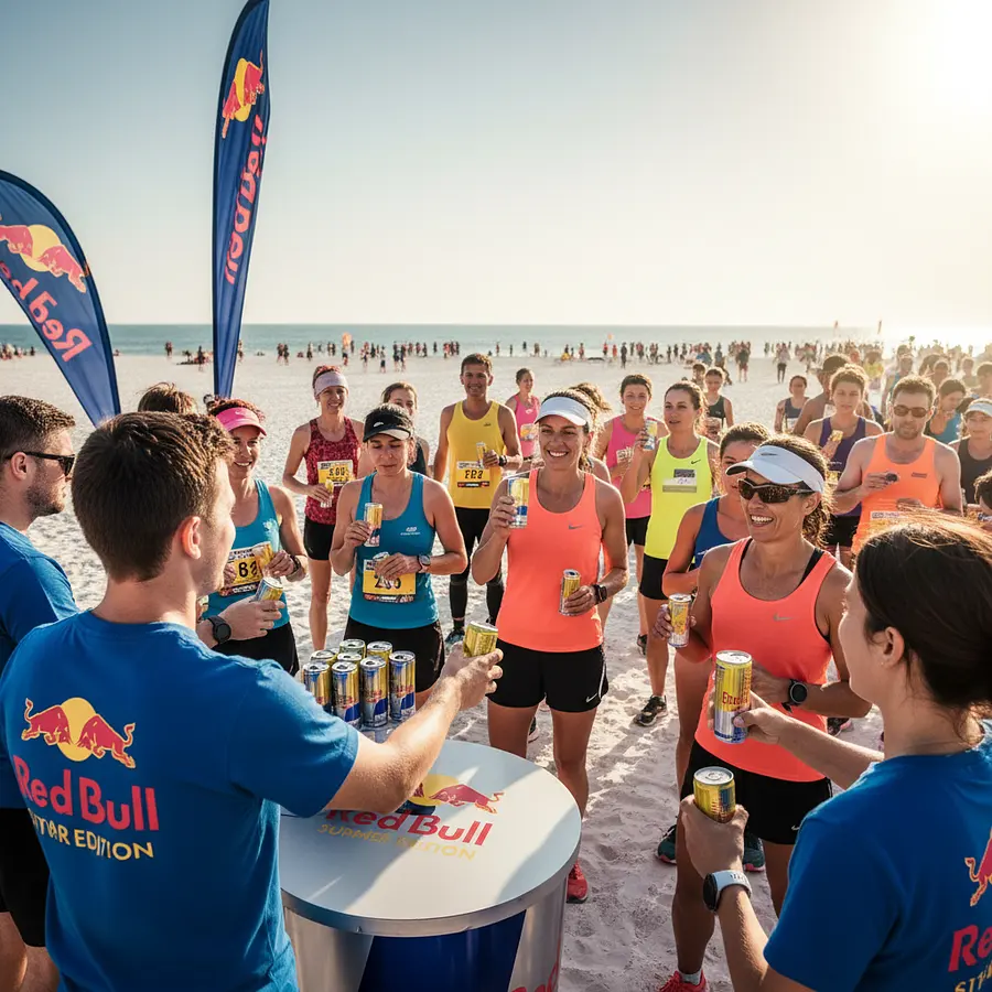 A vibrant Red Bull street marketing event on La Baule beach, France, 
on a b...