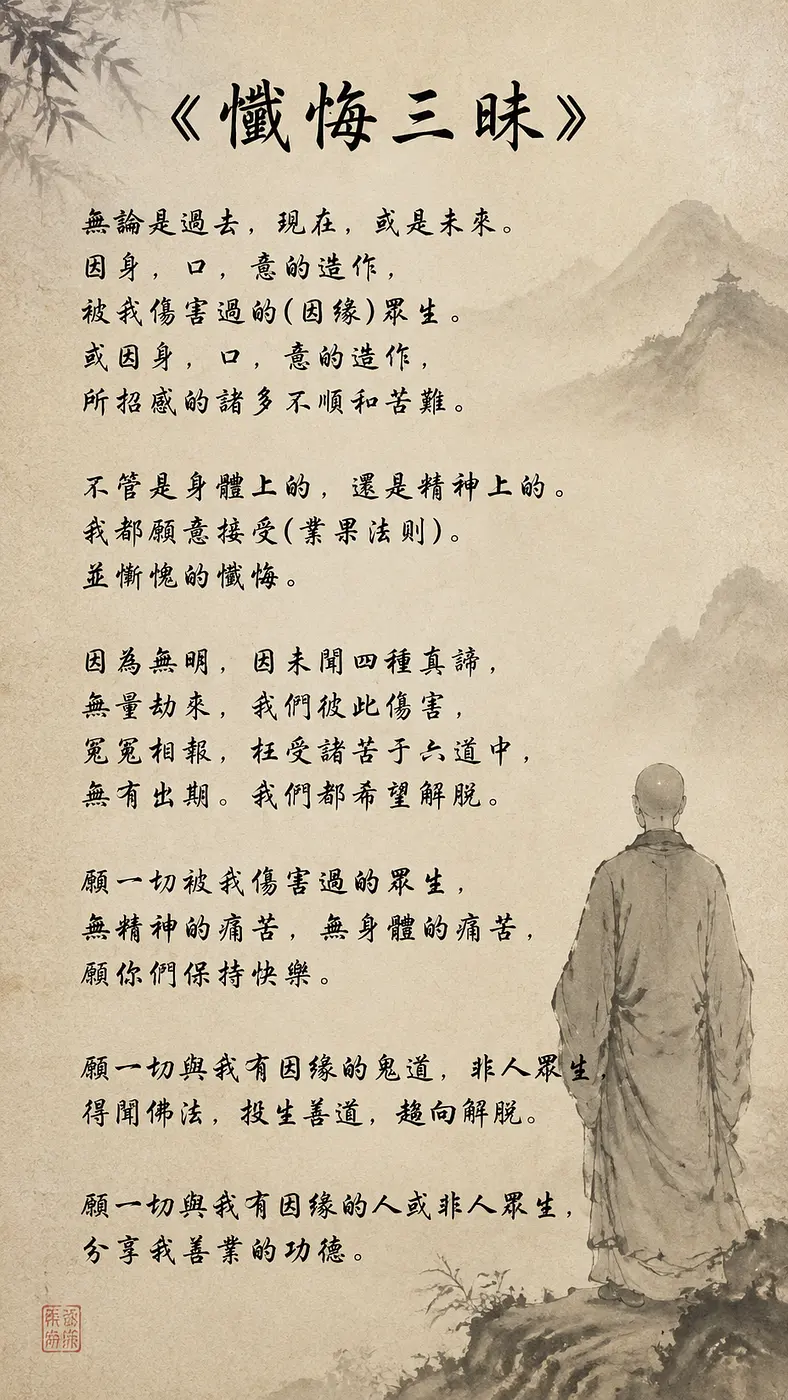 複製以下文字，以文鼎行楷書法字體，背影用宣紙風格，生成古文宣傳頁

《懺悔三昧》

無論是過去，現在，或是未來。因身，口，意的造作，被我傷害過的(因緣)眾生。或因身，口，意的造作，所招感...