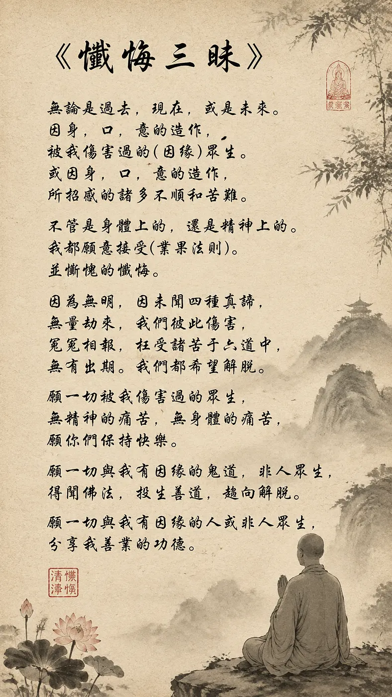 複製以下文字，以文鼎行楷書法字體，背影用宣紙風格，生成古文宣傳頁

《懺悔三昧》

無論是過去，現在，或是未來。因身，口，意的造作，被我傷害過的(...