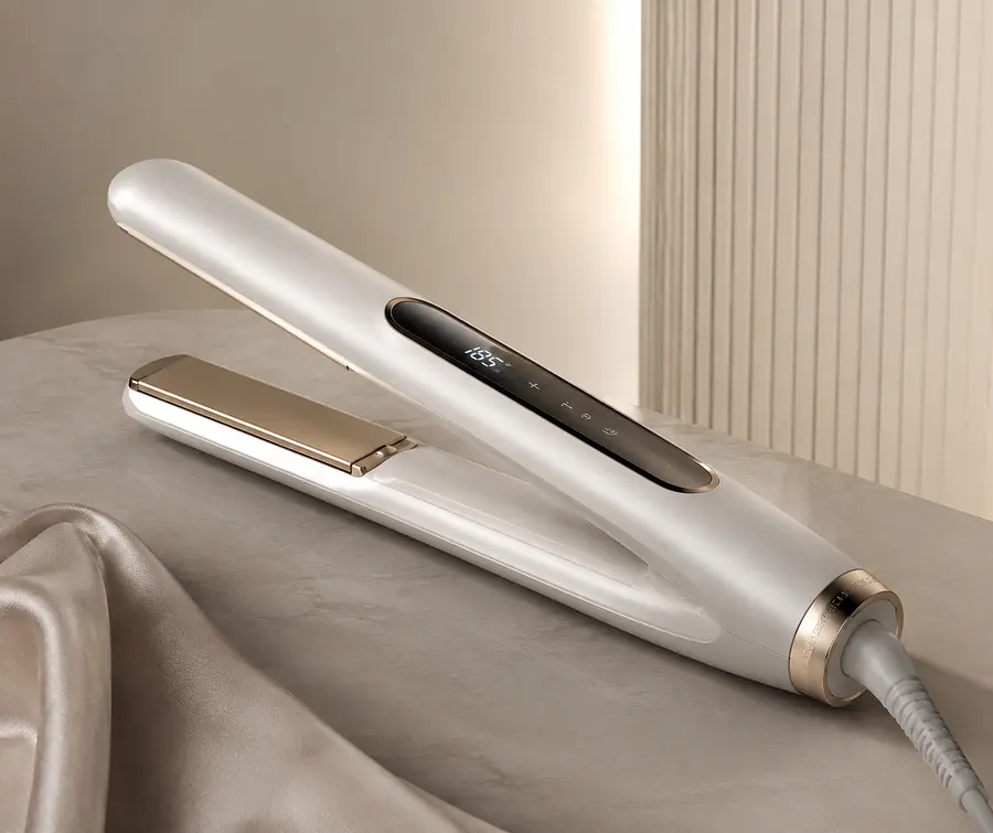 Luxury professional hair straightener, soft feminine industrial design, continuous curved capsule...
