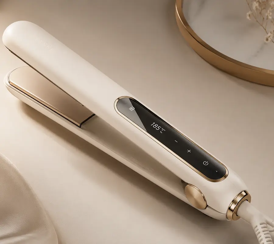 Luxury professional hair straightener, soft feminine industrial design, continuous curved capsule...