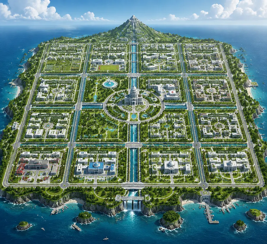 Crée une image de ville basée sur île perdue au milieu de l'océan  Cette ville est une Utopie  El...