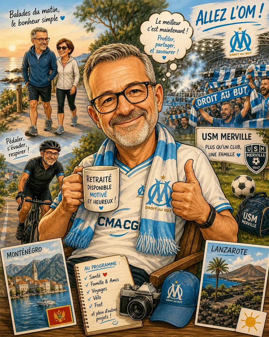 Peux tu créer une caricature de la photo jointe. Il est jeune retraité. Il marche tous les matins...