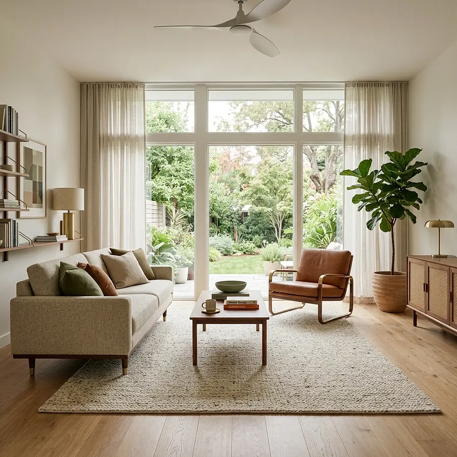 Modern mid-century interior, sleek minimalistic furniture with clean geometri...