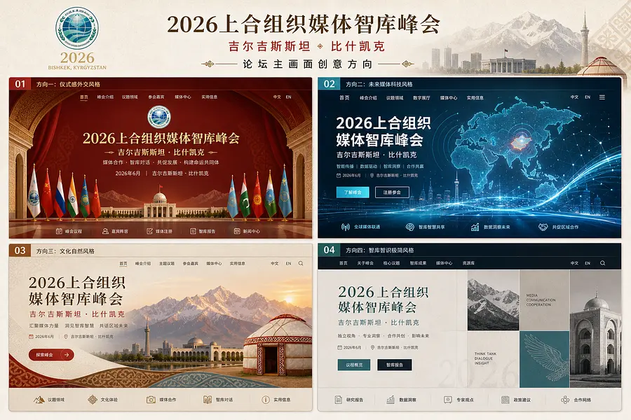 我想要设计一个论坛的主画面，论坛的主题是2026上海合作组织媒体智库峰会，会议的举办地是在吉尔吉斯斯坦，请给我一些创意方向