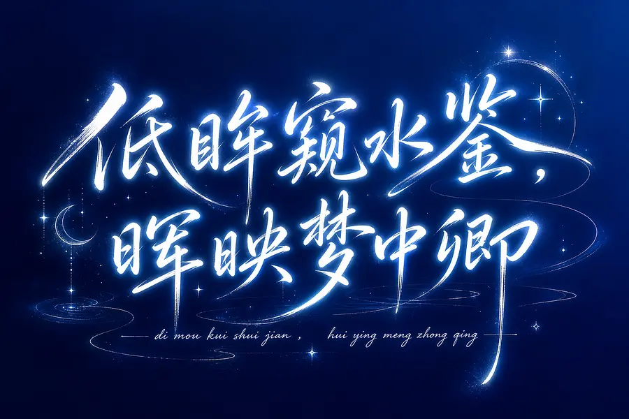 学习这个字体，发光手写体书法设计，文字内容为“低眸窥水鉴，晖映梦中卿”，字体飘逸流畅，带有笔锋和飞白效果，白色发光字，柔和的外发光效果，深蓝色渐变背景，排版参考示例图：主文字为大字，下方搭配拼音...