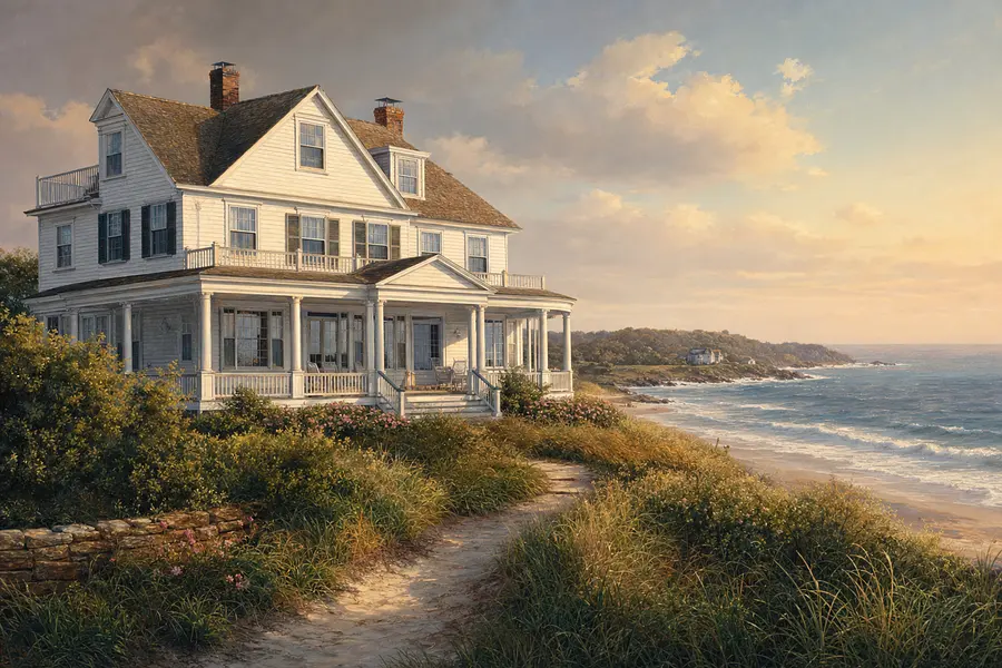 Maison américaine de bord de mer sur la côte des États-Unis, grande maison blanche en bois avec v...