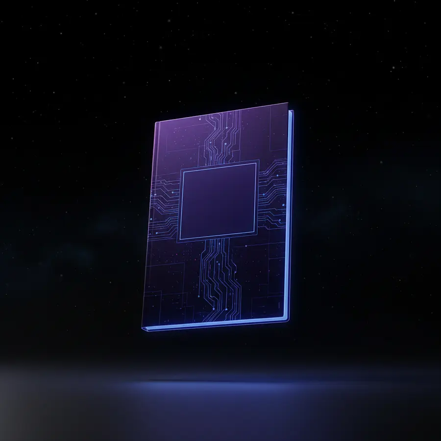 a sleek premium ebook mockup floating in space, glowing dark purple and indig...
