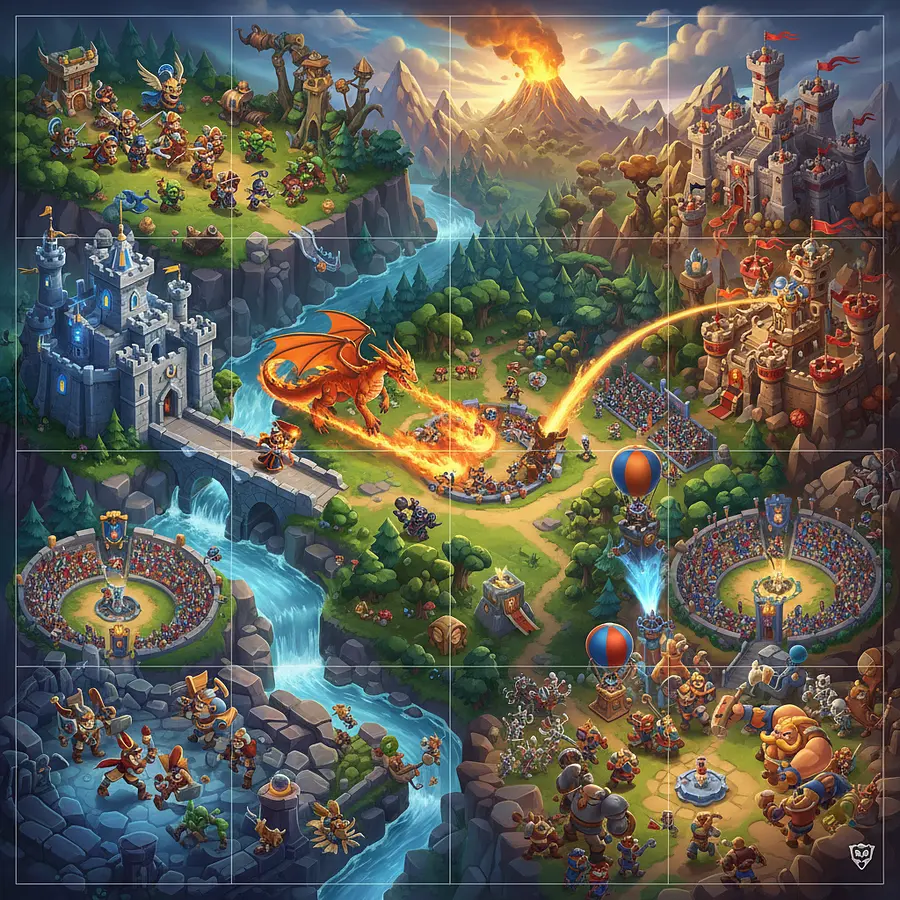 Créer une illustration fantasy épique inspirée de l’univers visuel de Clash R...