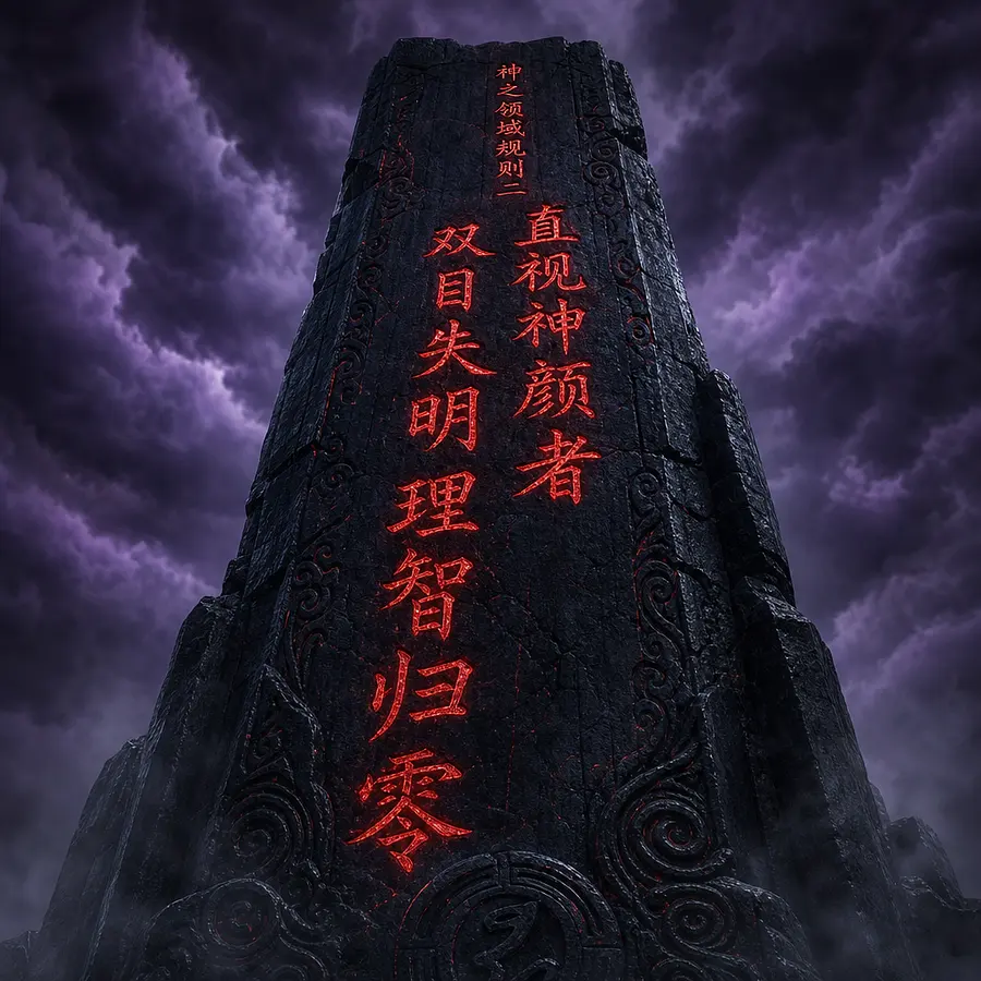 生成该场景中，巨型石碑上的文字特写，石碑上使用中文清晰地写着狰狞的猩红文字”神之领域规则二 直视神颜者 双目失明 理智归零“。空镜头。仰拍镜头。