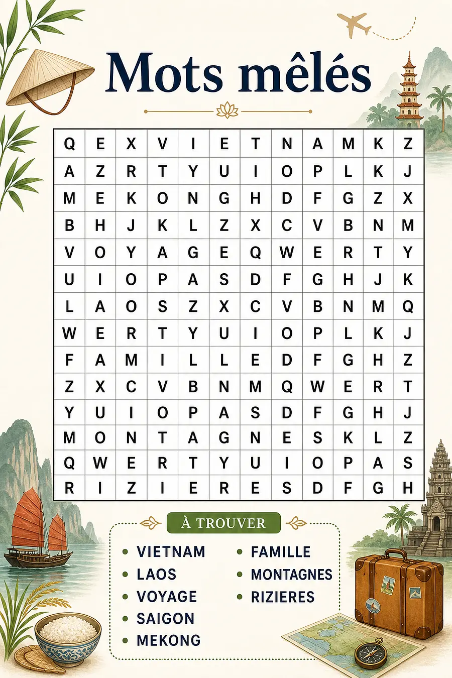 crée moi une grille de mot mélée avec les mots Vietnam Laos voyage Saïgon Mék...