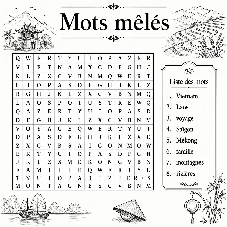 crée moi une grille de mot mélée avec les mots Vietnam Laos voyage Saïgon Mék...