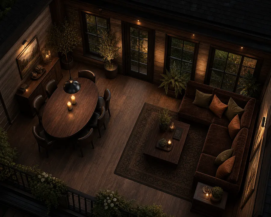 Isometric top-down view of a cozy enclosed loggia / veranda, dark old money c...