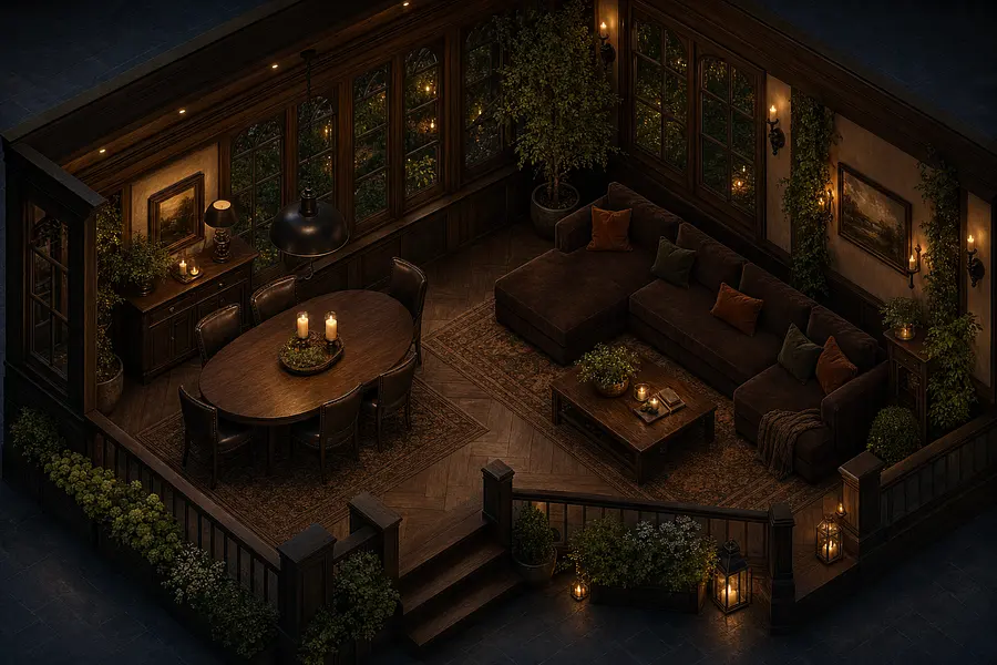 Isometric top-down view of a cozy enclosed loggia / veranda, dark old money c...