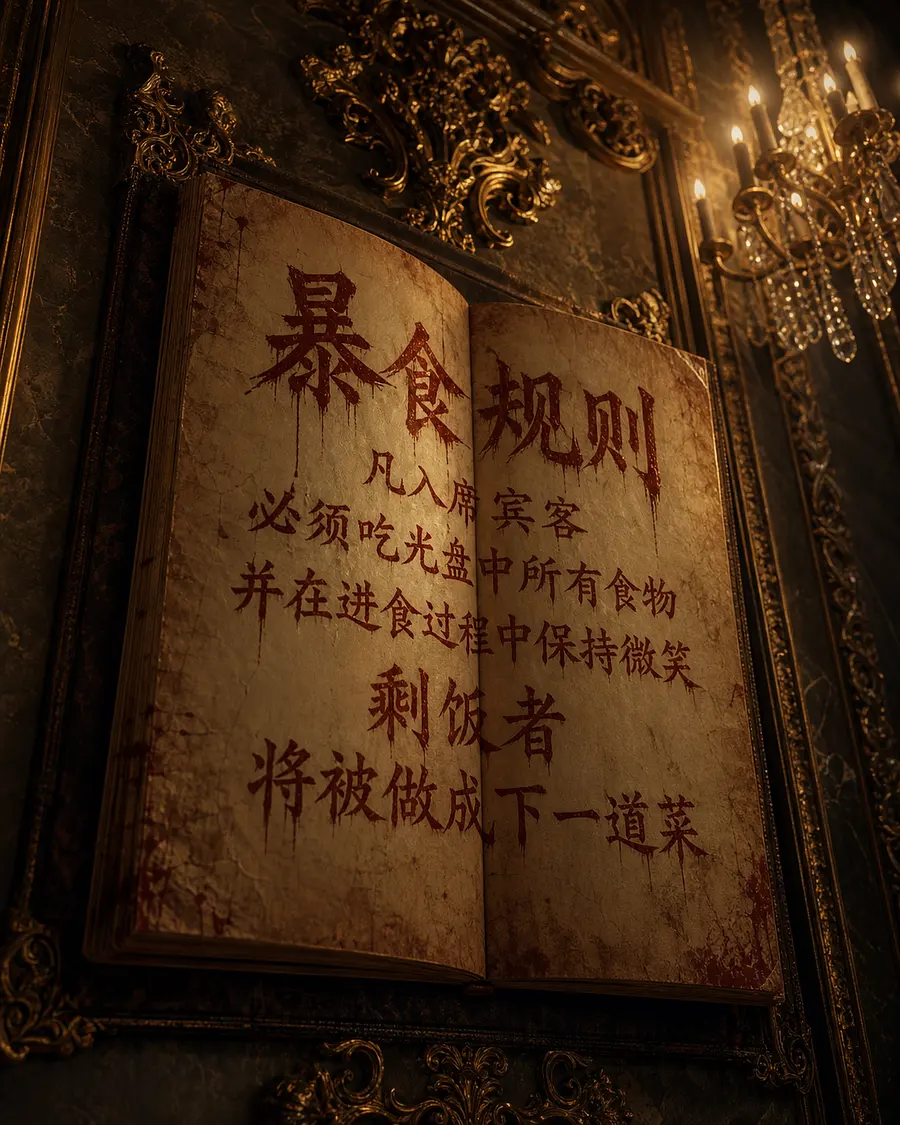 生成该场景中，墙上挂着一份打开的菜单的特写，菜单上使用中文清晰地写着狰狞的猩红文字”暴食规则  凡入席宾客  必须吃光盘中所有食物  并在进食过程中保持微...