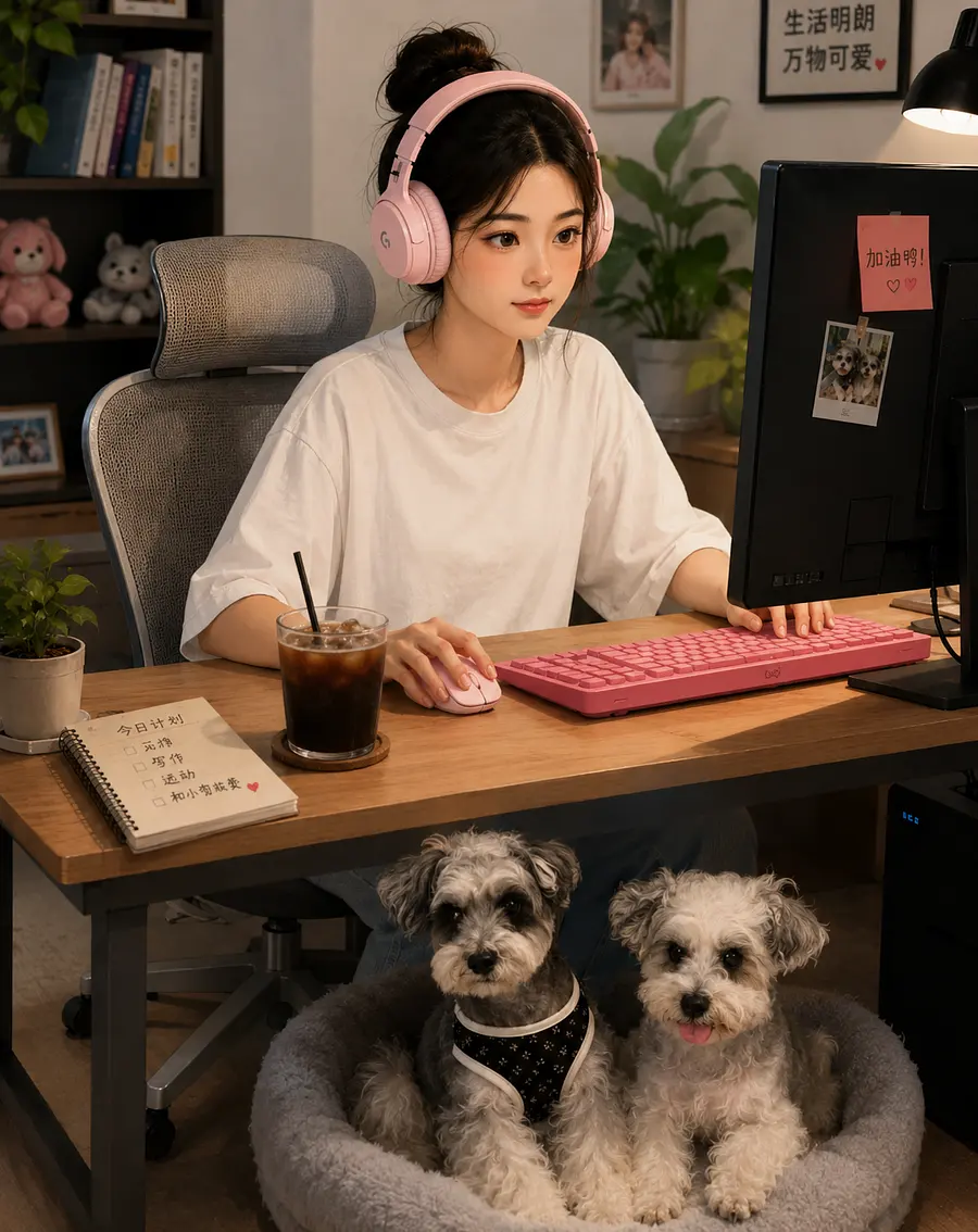 把雪纳瑞换成这图2这两只，女生穿白色衣服，键盘换成玫粉色罗技键盘，和头戴玫粉色耳机，把桌子上的水杯换成冰美式，图片更自然 写实