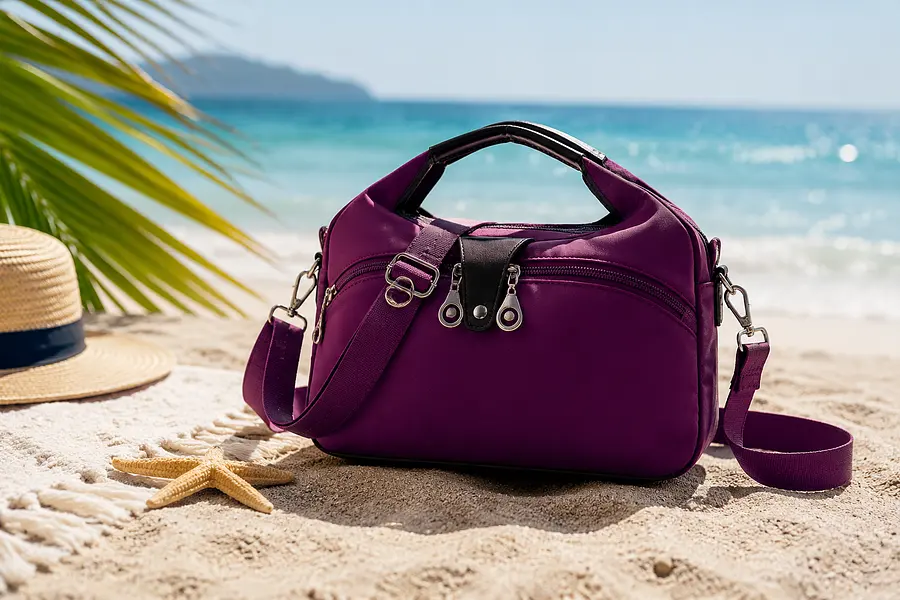 Purple crossbody bag on a sunny beach, summer vibes, no text, photorealistic,...
