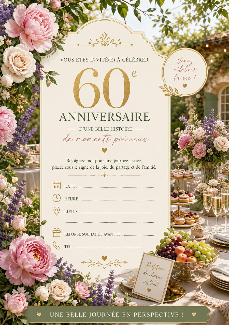 creer invitation anniversaire 60 ans  avec jardin fleuri et buffet