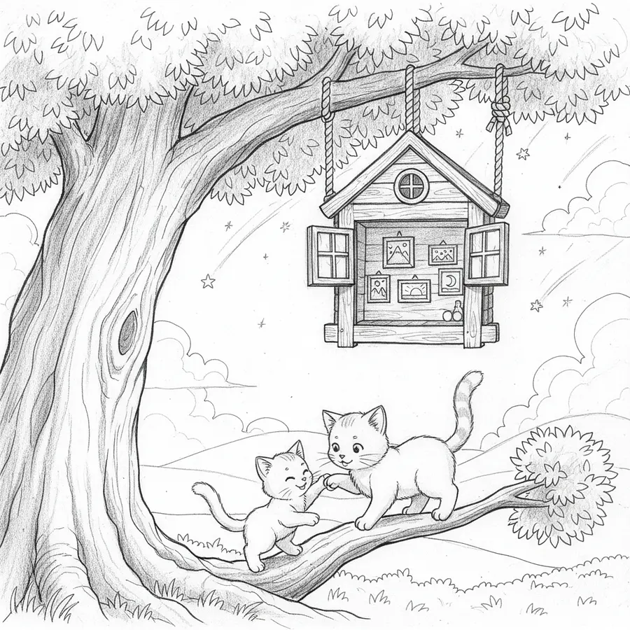 Dessin style anime noir et blanc au crayons. Deux chatons, une chatonne et un...