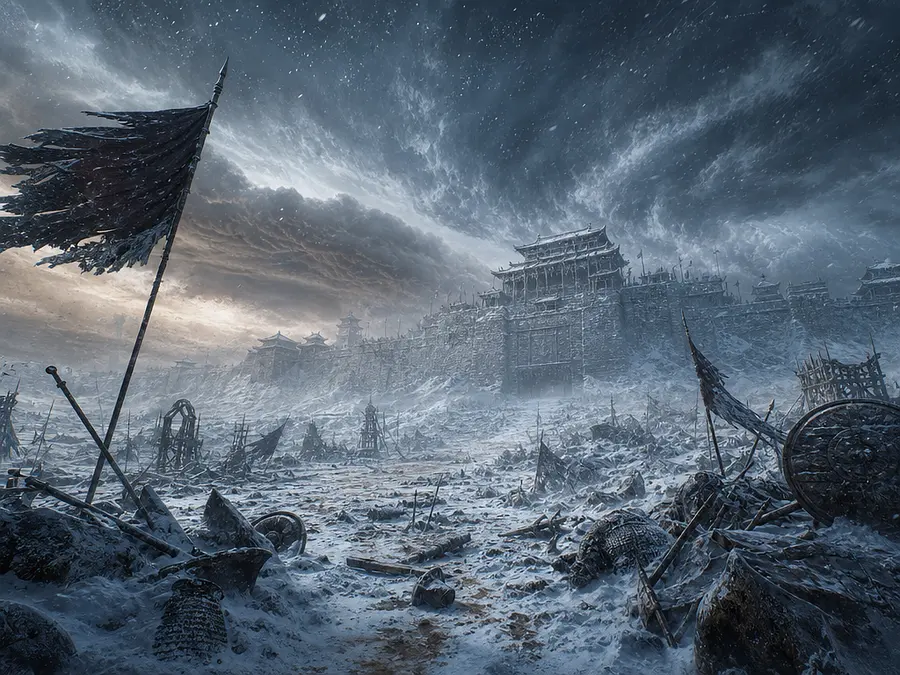 中国唐朝时期的瓜州城外，史诗级边塞战场全景，超宏大场面，无人环境，电影级超写实风格，张艺谋战争史诗美学，极致冷色调画面（冰蓝、铁灰、冷青、暗银），天地苍茫...