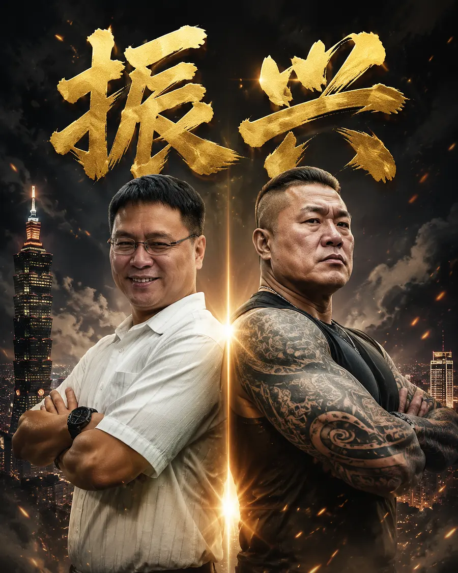 请帮我把图片中白衣服的人提取出来，和现在台湾的网红“馆长”放在一起制作一张海报，两个人背靠背，双子星，标题为“振兴”