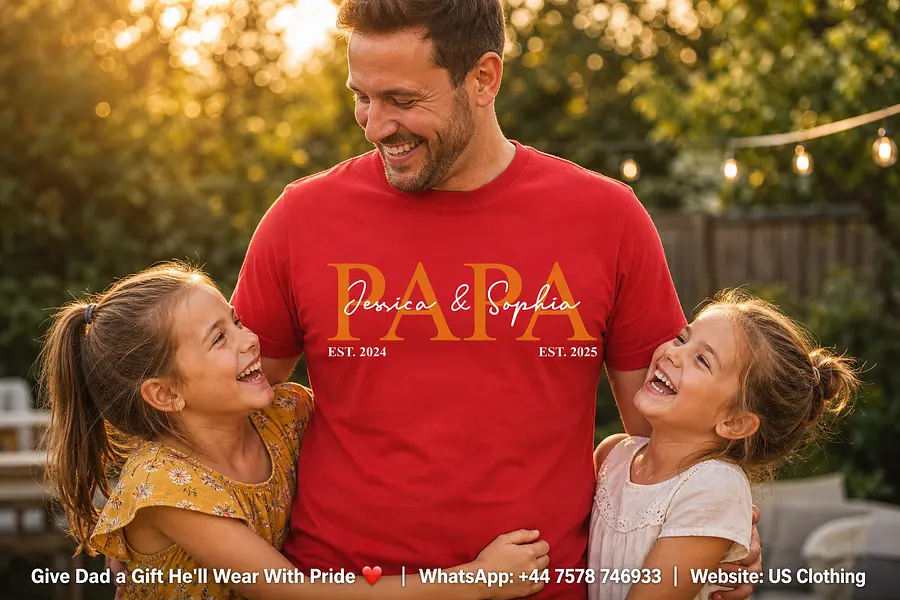 "A proud American dad wearing a bold red custom PAPA t-shirt, standing in a s...