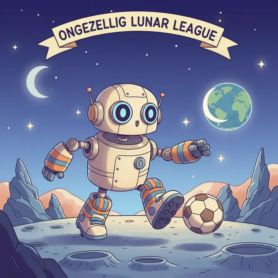 Ein Roboter spielt Fußball auf Mond im Ongezellig Stil