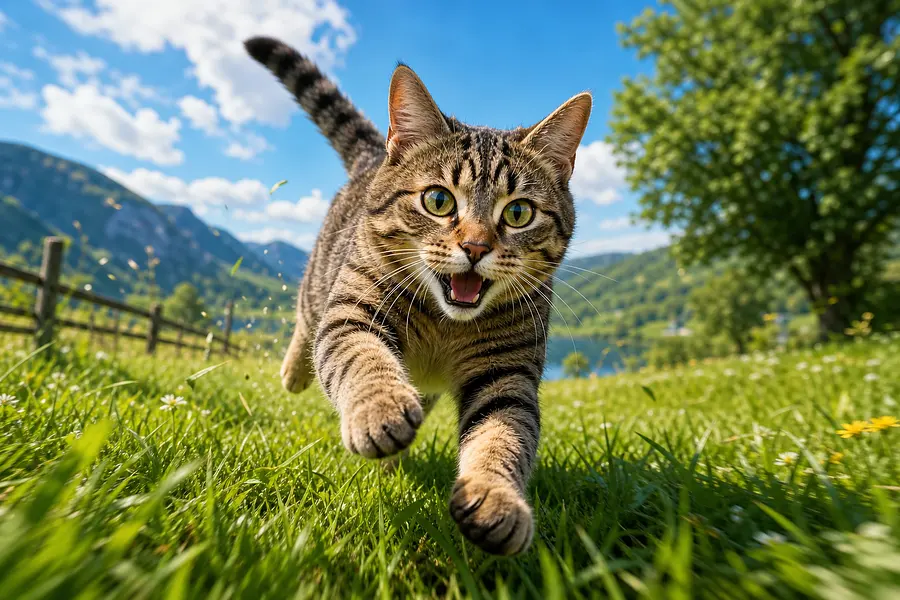 一只猫在草地奔跑