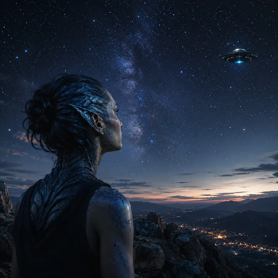 Personne mi humain mi alien regardant un ciel étoilé, une soucoupe volante au...