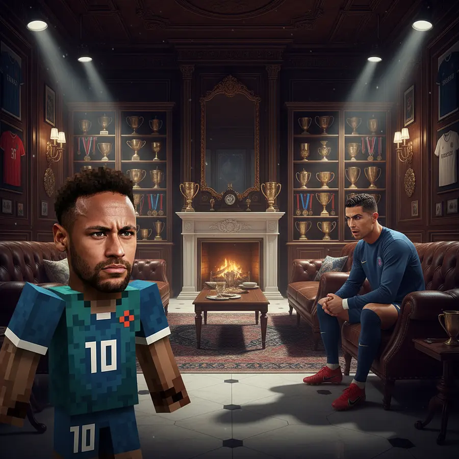 Neymar entering with Minecraft block body and realistic face, Ronaldo watchin...