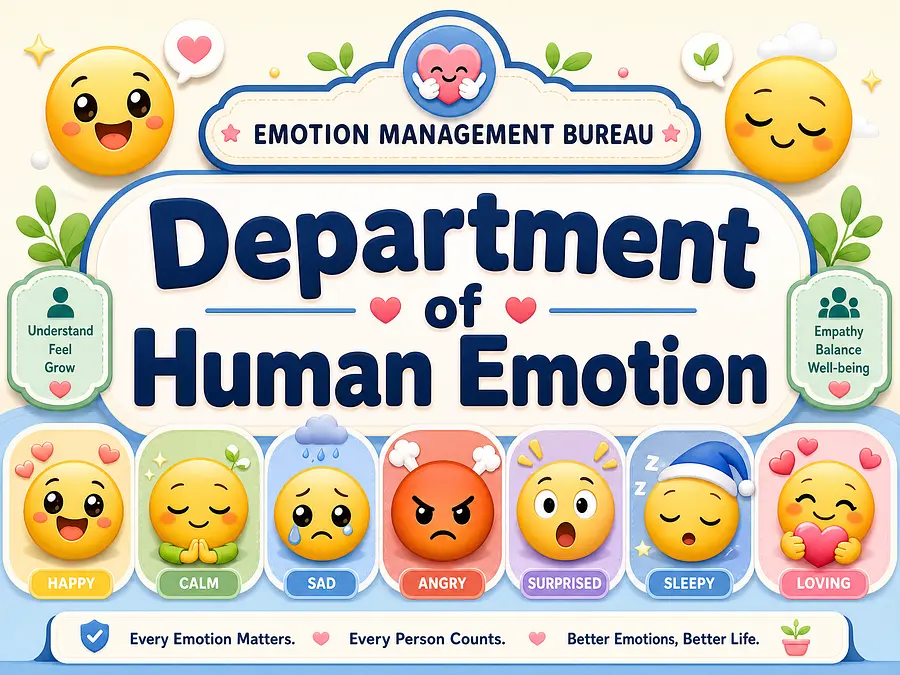 帮我做一个情绪管理局的板子，包括 Department of Human Emotion的字，放中间，突出，使用Emoji 可爱风格，整体明亮干净