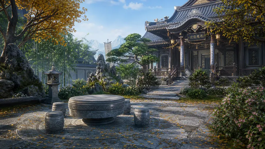 修仙宗门长老居住的院落，院落中有一个圆形石凳，国漫3D动画场景图，空镜头。