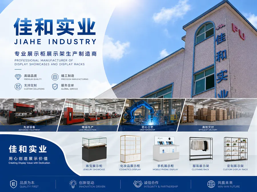 改成高端工厂宣传画报，中英文结合。是生产展示柜展示架的工厂。工厂名字为佳和实业。